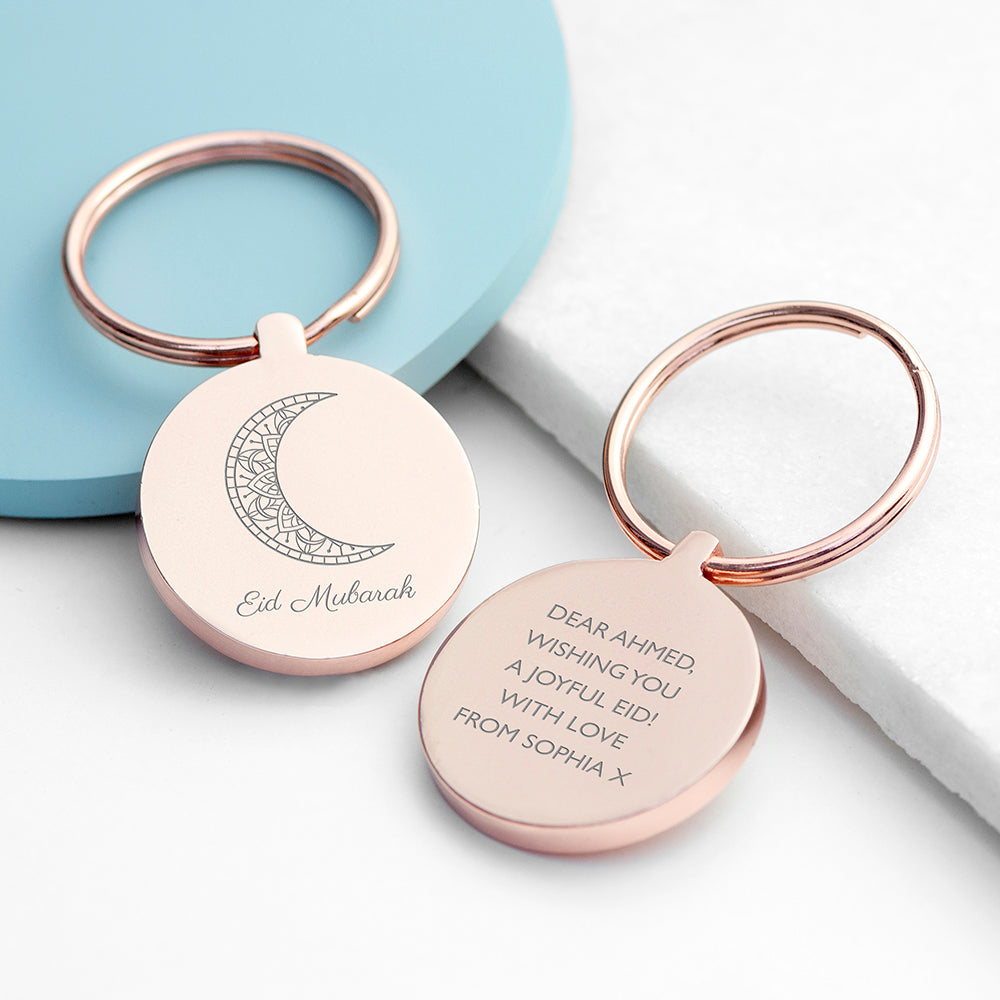 Personalised Eid Mubarak Round Keyrings: 3 Rose Gold Keyrings By Gift Moments