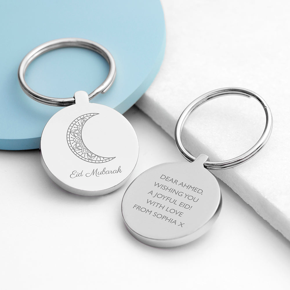 Personalised Eid Mubarak Round Keyrings: 4 Silver Keyrings By Gift Moments