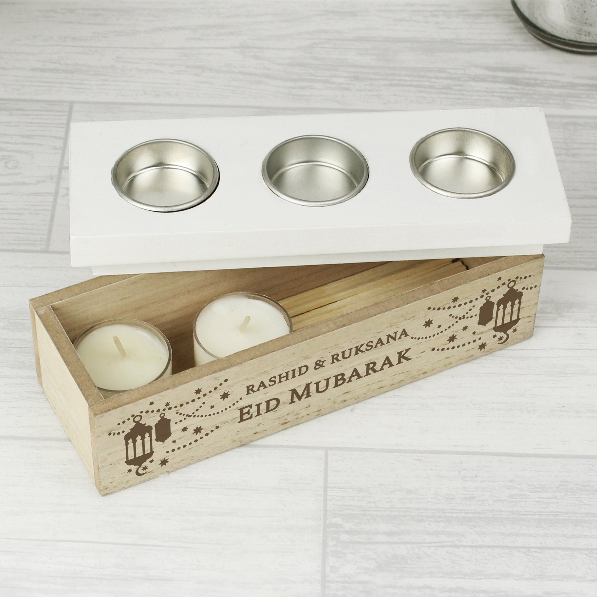 Personalised Eid and Ramadan Triple Tea Light Box: 2 - Candle Holders By Gift Moments