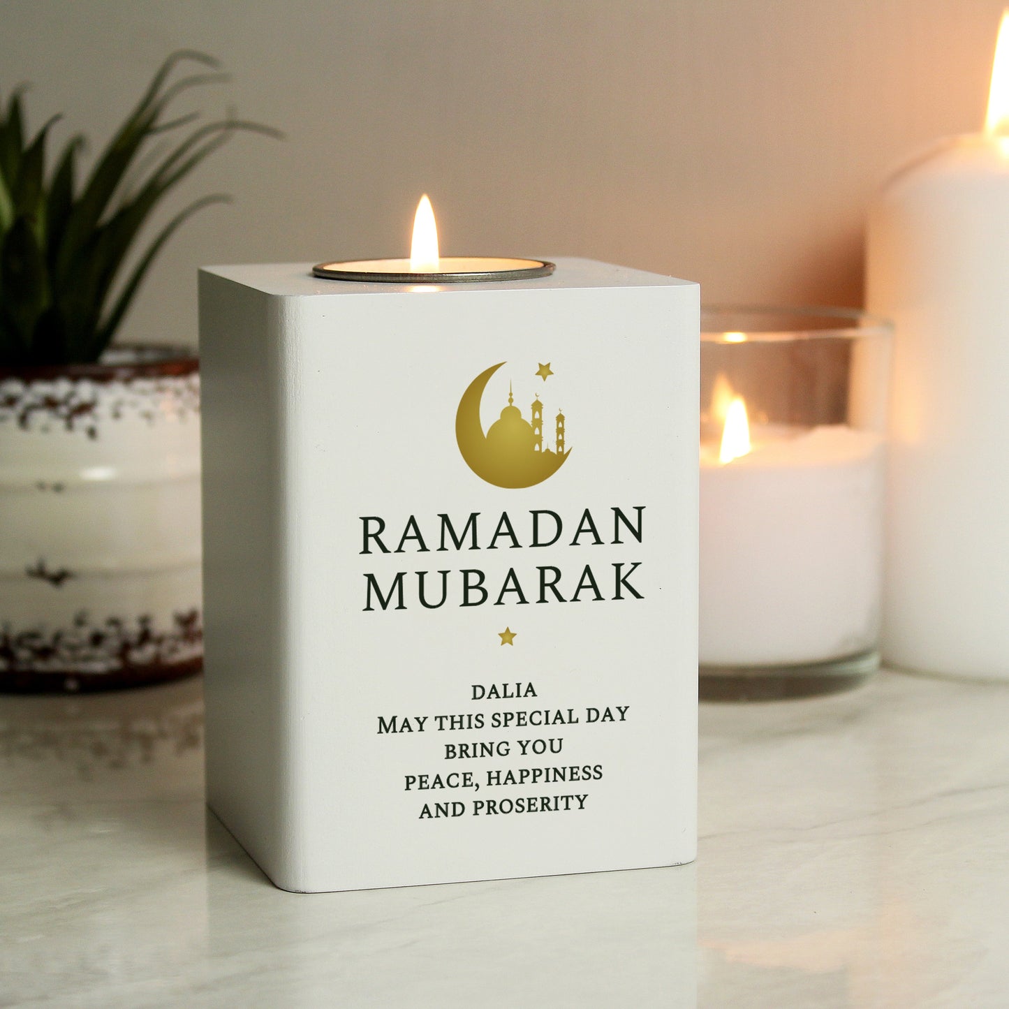 Personalised Eid and Ramadan White Wooden Tea light Holder: 1 - Candle Holders By Gift Moments