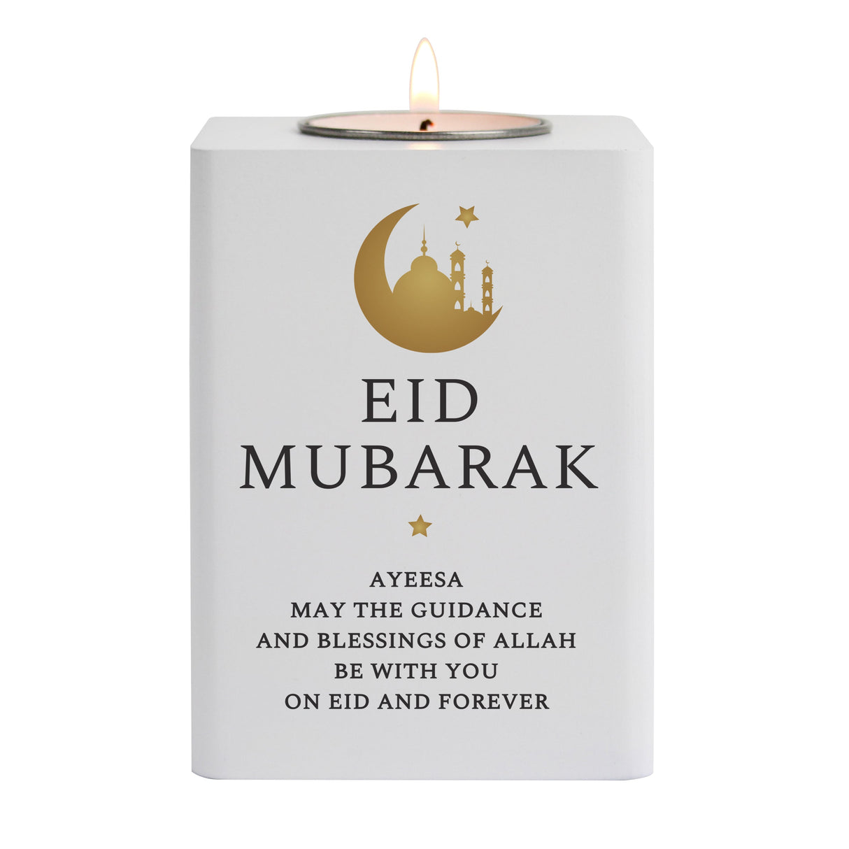 Personalised Eid and Ramadan White Wooden Tea light Holder: 5 - Candle Holders By Gift Moments