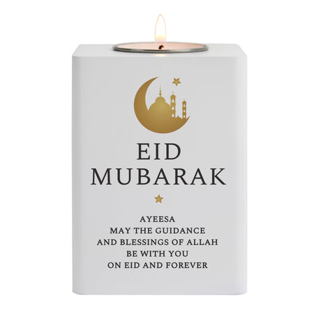 Personalised Eid and Ramadan White Wooden Tea light Holder: 5 - Candle Holders By Gift Moments