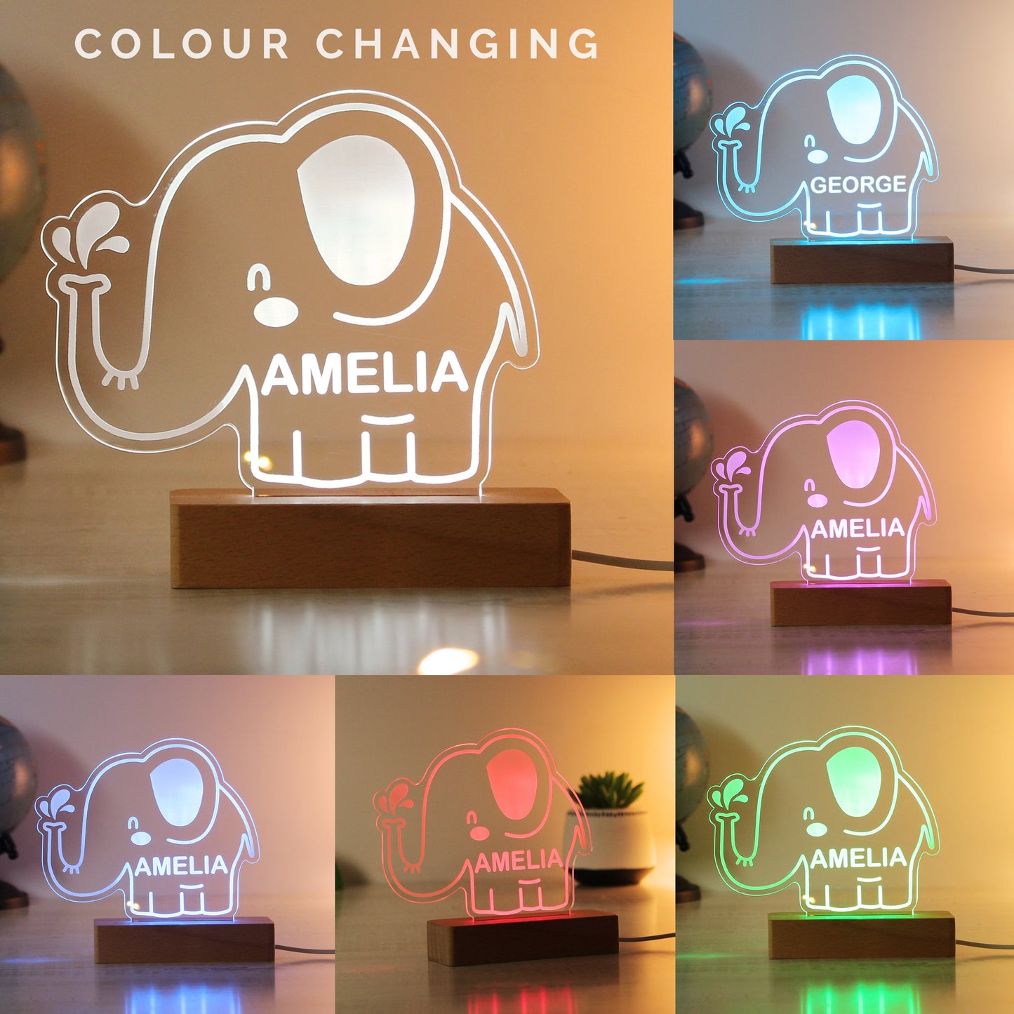 Personalised Elephant Wooden Based LED Light: 3 - LED Lighting By Gift Moments