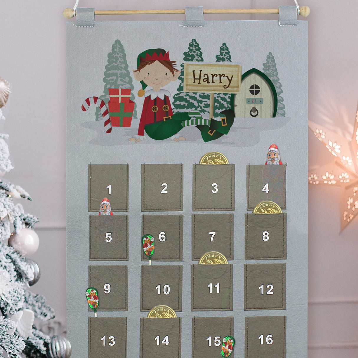 Personalised Elf Advent Calendar In Silver Grey: 4 - Advent Calendars By Gift Moments