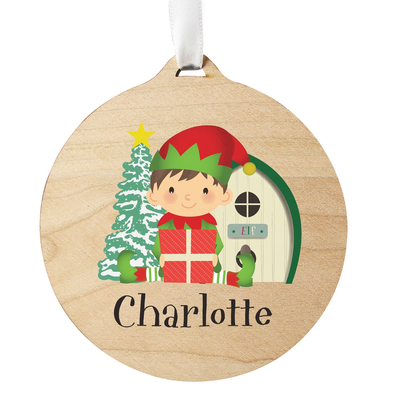 Personalised Elf Round Wooden Decoration: 5 - Christmas Decorations By Gift Moments