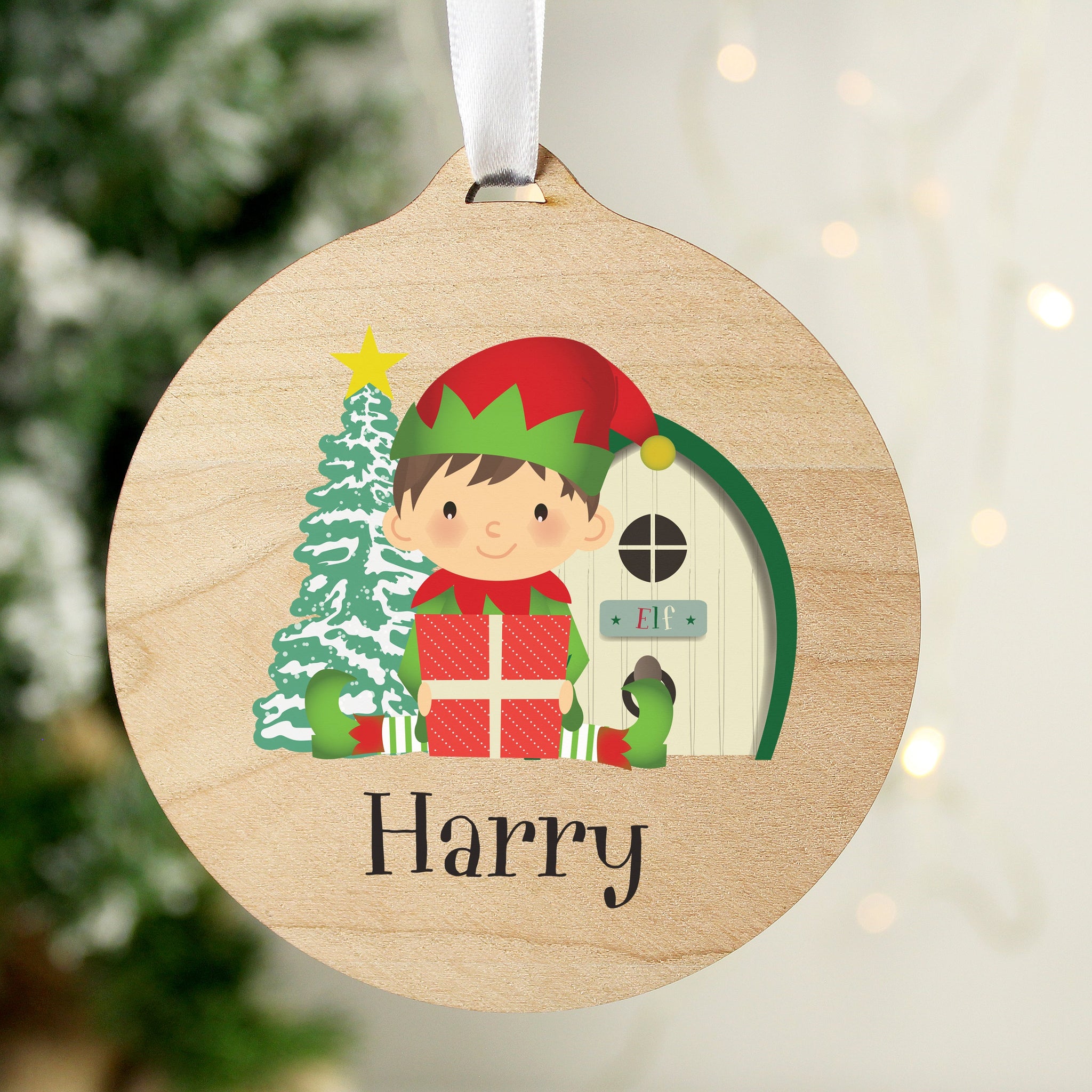 Personalised Elf Round Wooden Decoration: 1 - Christmas Decorations By Gift Moments