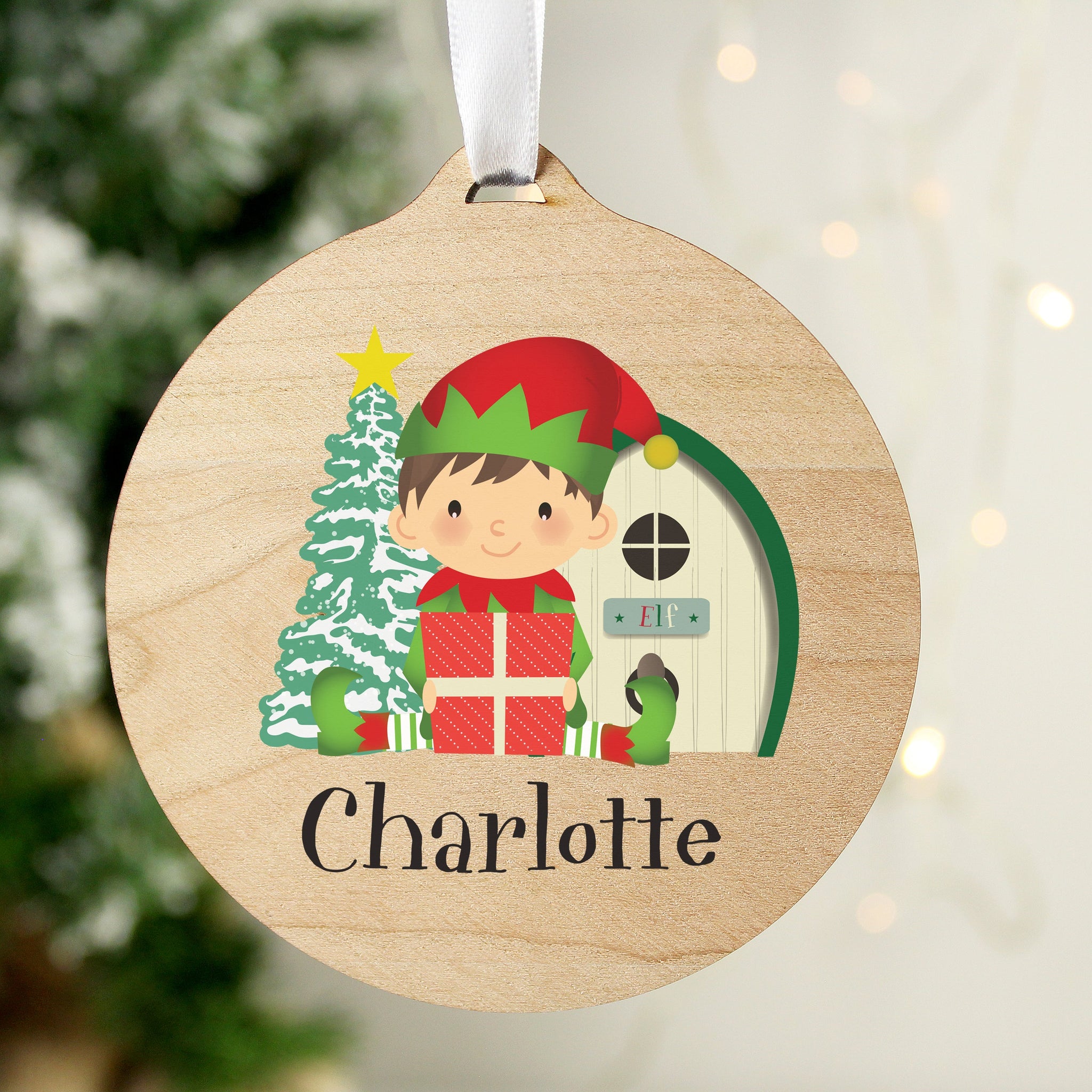 Personalised Elf Round Wooden Decoration: 3 - Christmas Decorations By Gift Moments