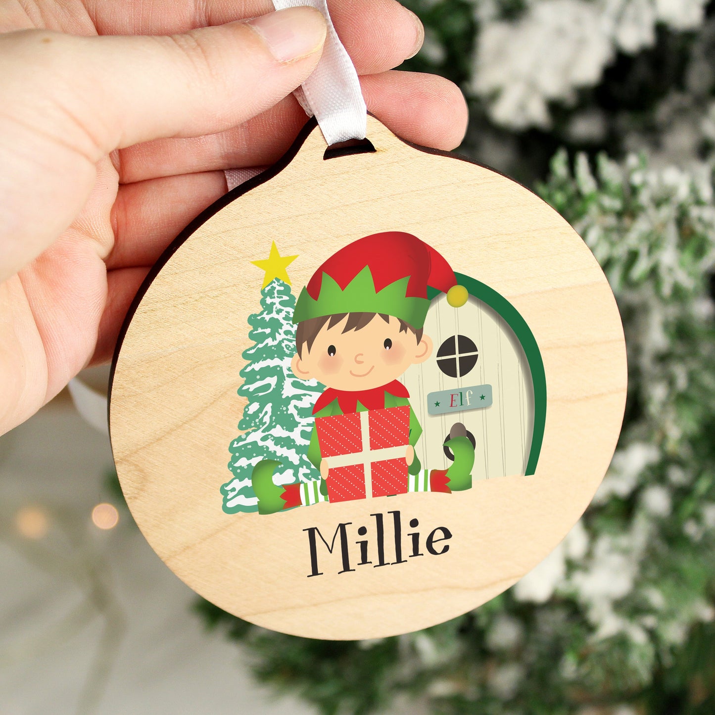Personalised Elf Round Wooden Decoration: 2 - Christmas Decorations By Gift Moments