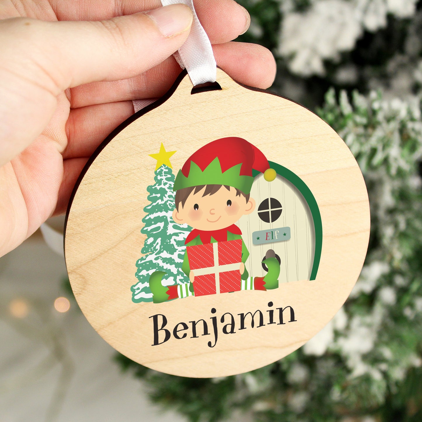 Personalised Elf Round Wooden Decoration: 4 - Christmas Decorations By Gift Moments