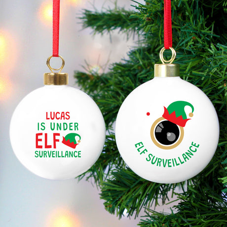 Personalised Elf Surveillance Bauble: 3 - Christmas Baubles By Gift Moments