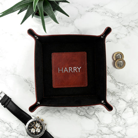 Personalised Embossed Luxury Leather Valet Trays: 2 - Silver Foil Debossed / Brown - Storage By Gift Moments