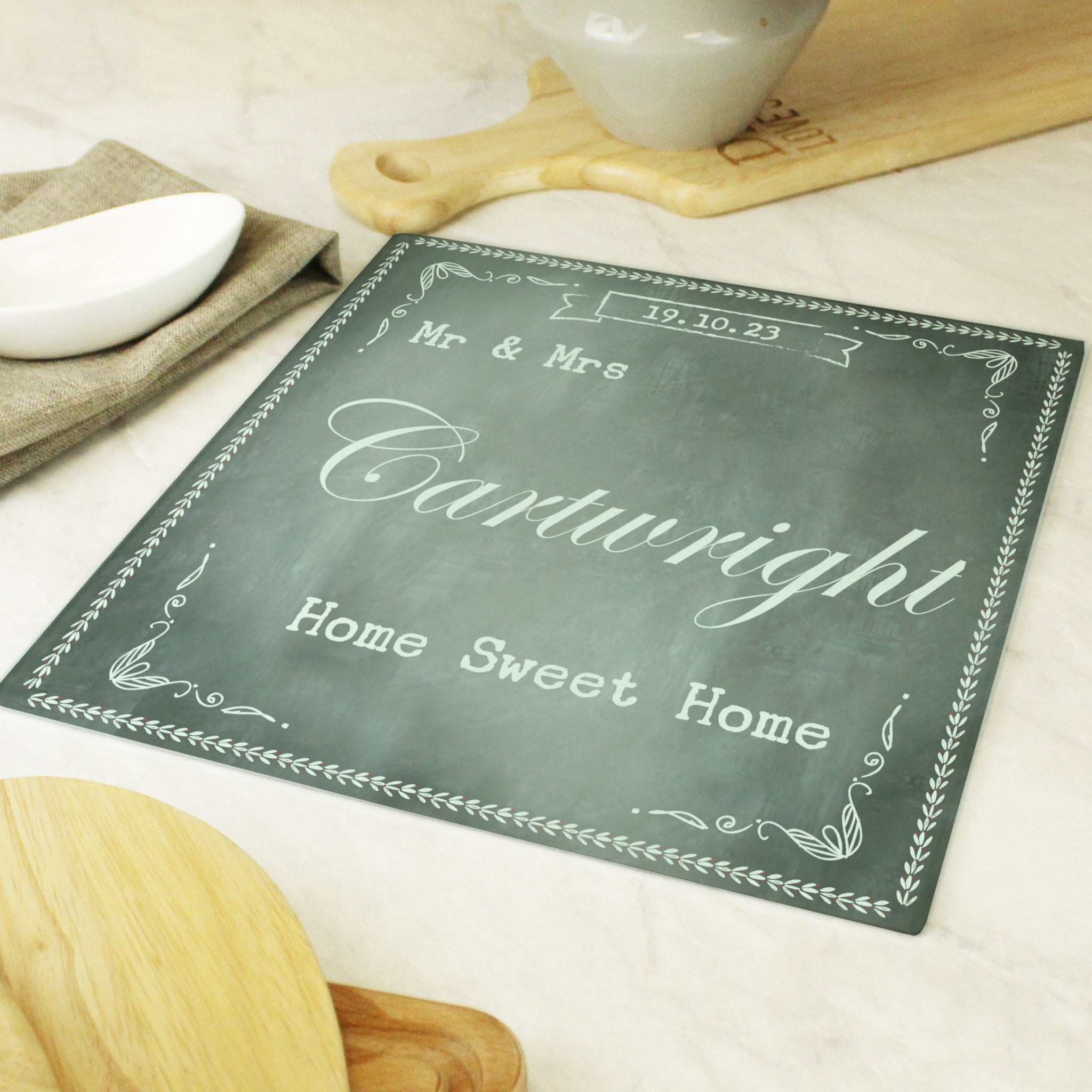 Personalised Family Chalk Glass Chopping Board/Worktop Saver: 2 - Chopping Boards By Gift Moments