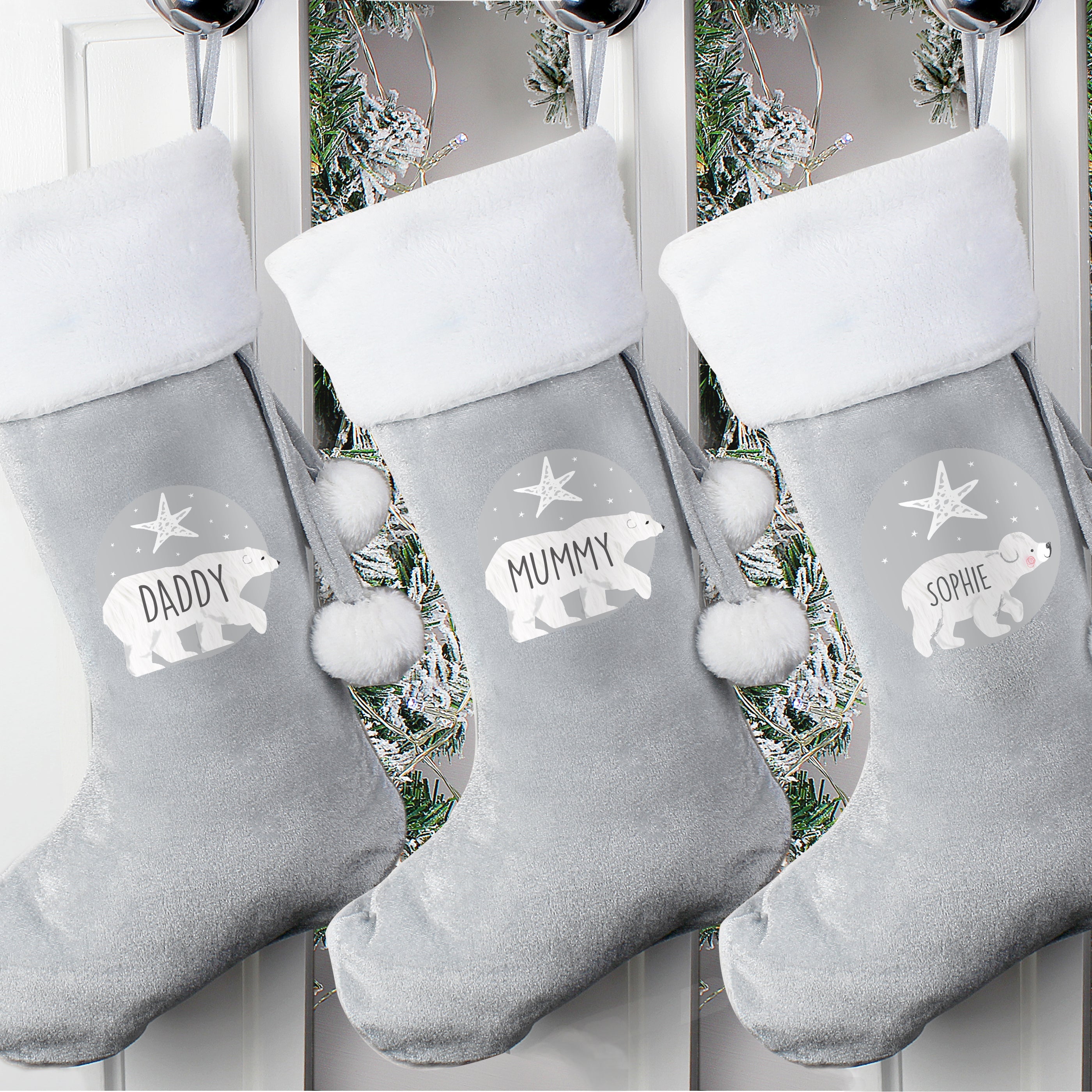 Personalised Family Polar Bear Silver Grey Stockings - Shop Christmas Stockings At Gift Moments - 1