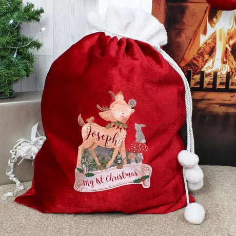 Personalised Festive Fawn Luxury Pom Pom Red Sack: 3 - Christmas Sacks By Gift Moments