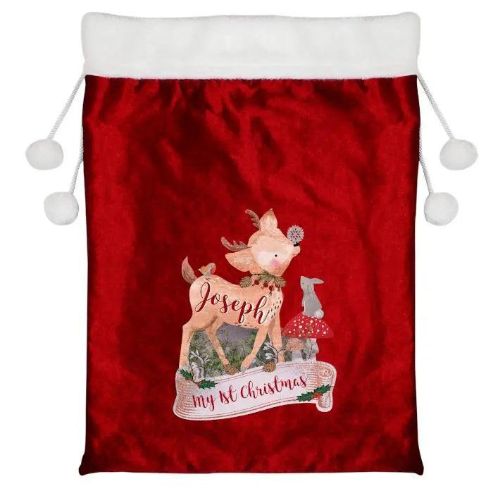 Personalised Festive Fawn Luxury Pom Pom Red Sack: 2 - Christmas Sacks By Gift Moments