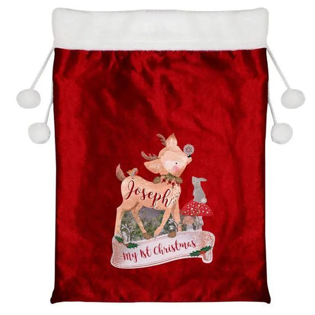 Personalised Festive Fawn Luxury Pom Pom Red Sack: 2 - Christmas Sacks By Gift Moments