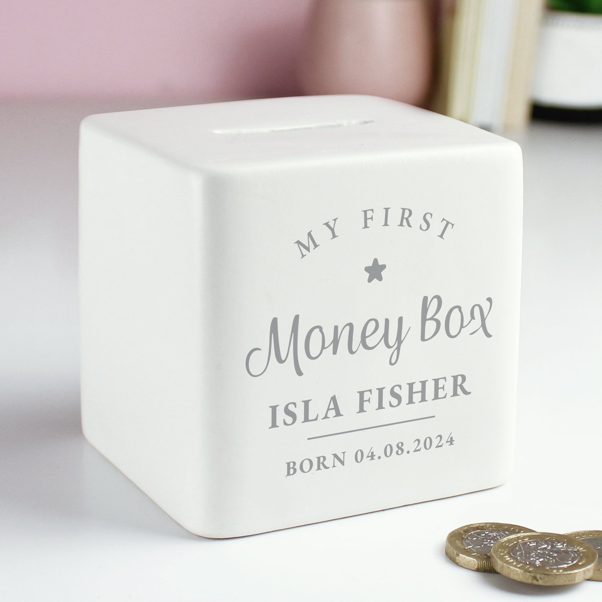 Personalised My First Ceramic Square Money Box: 3 - Money Boxes By Gift Moments