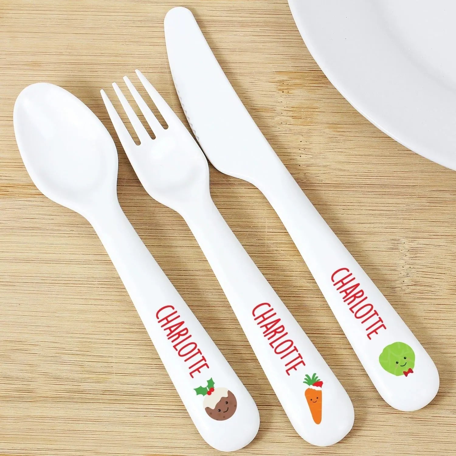Personalised ’First Christmas Dinner’ 3 Piece Plastic Cutlery Set - Shop Cutlery Sets At Gift Moments - 2