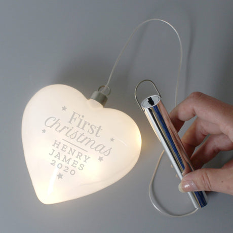 Personalised First Christmas LED Hanging Glass Heart: 3 - LED Lighting By Gift Moments