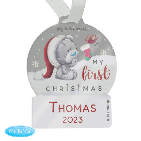 Personalised First Christmas Tiny Tatty Teddy Acrylic Snow Globe Decoration: 4 - Christmas Decorations