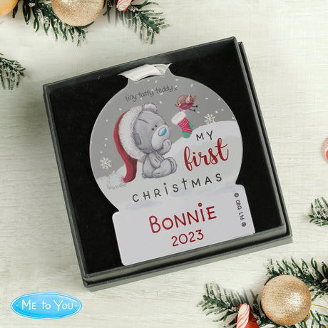 Personalised First Christmas Tiny Tatty Teddy Acrylic Snow Globe Decoration: 1 - Christmas Decorations