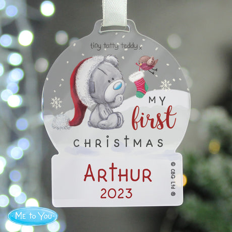 Personalised First Christmas Tiny Tatty Teddy Acrylic Snow Globe Decoration: 2 - Christmas Decorations