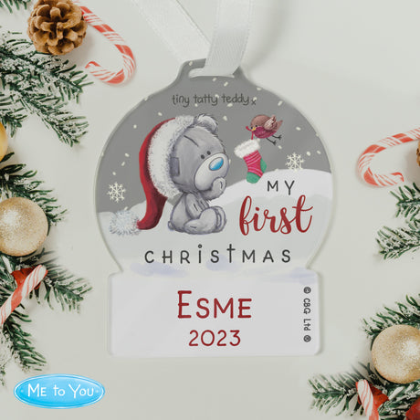 Personalised First Christmas Tiny Tatty Teddy Acrylic Snow Globe Decoration: 3 - Christmas Decorations