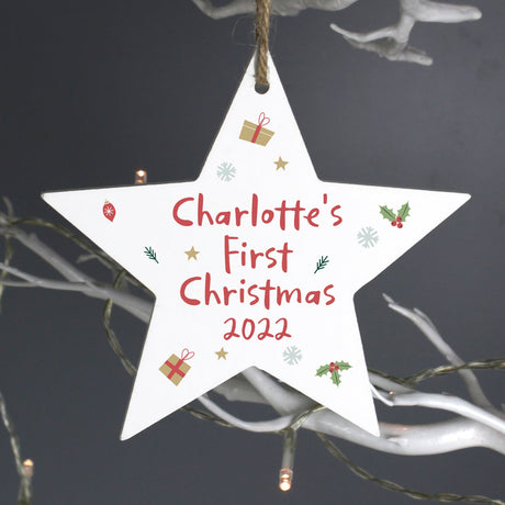 Personalised First Christmas Wooden Star Decoration: 2 - Christmas Decorations By Gift Moments