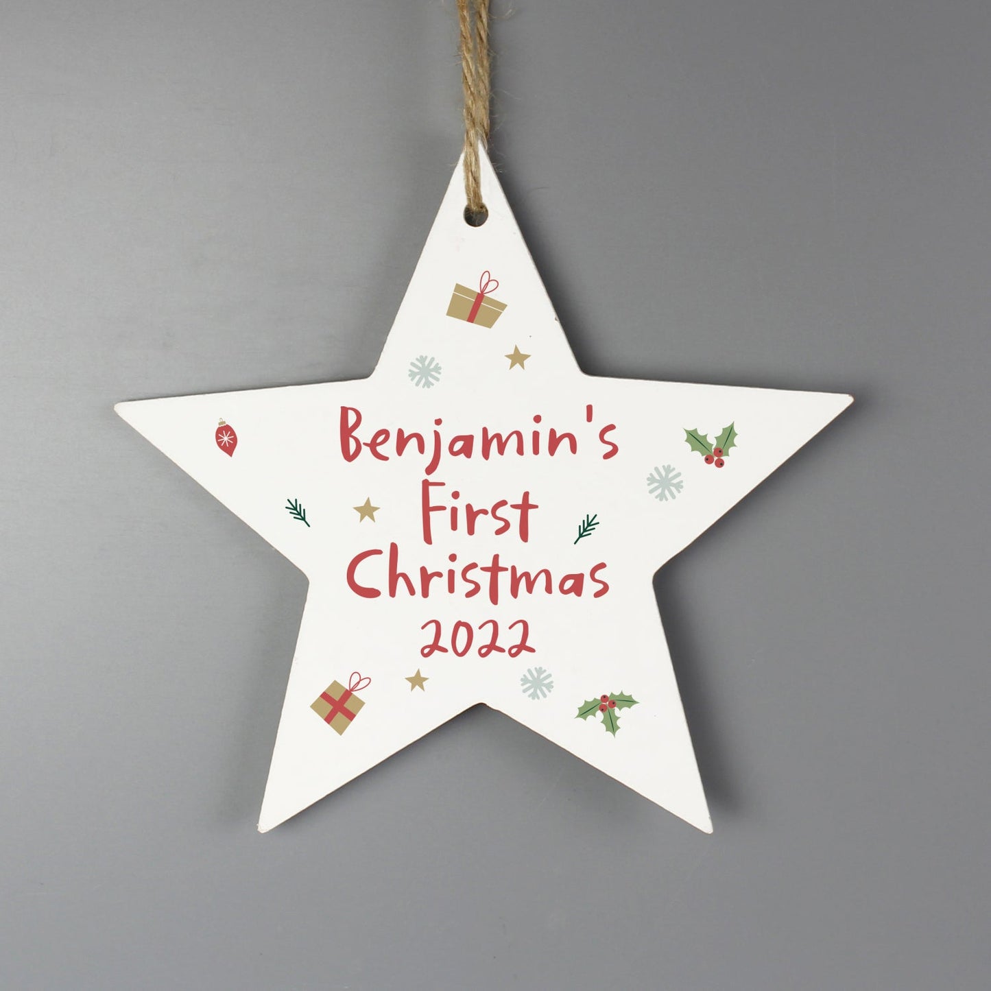 Personalised First Christmas Wooden Star Decoration: 3 - Christmas Decorations By Gift Moments