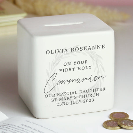 Personalised First Holy Communion Ceramic Square Money Box: 5 - Money Boxes By Gift Moments