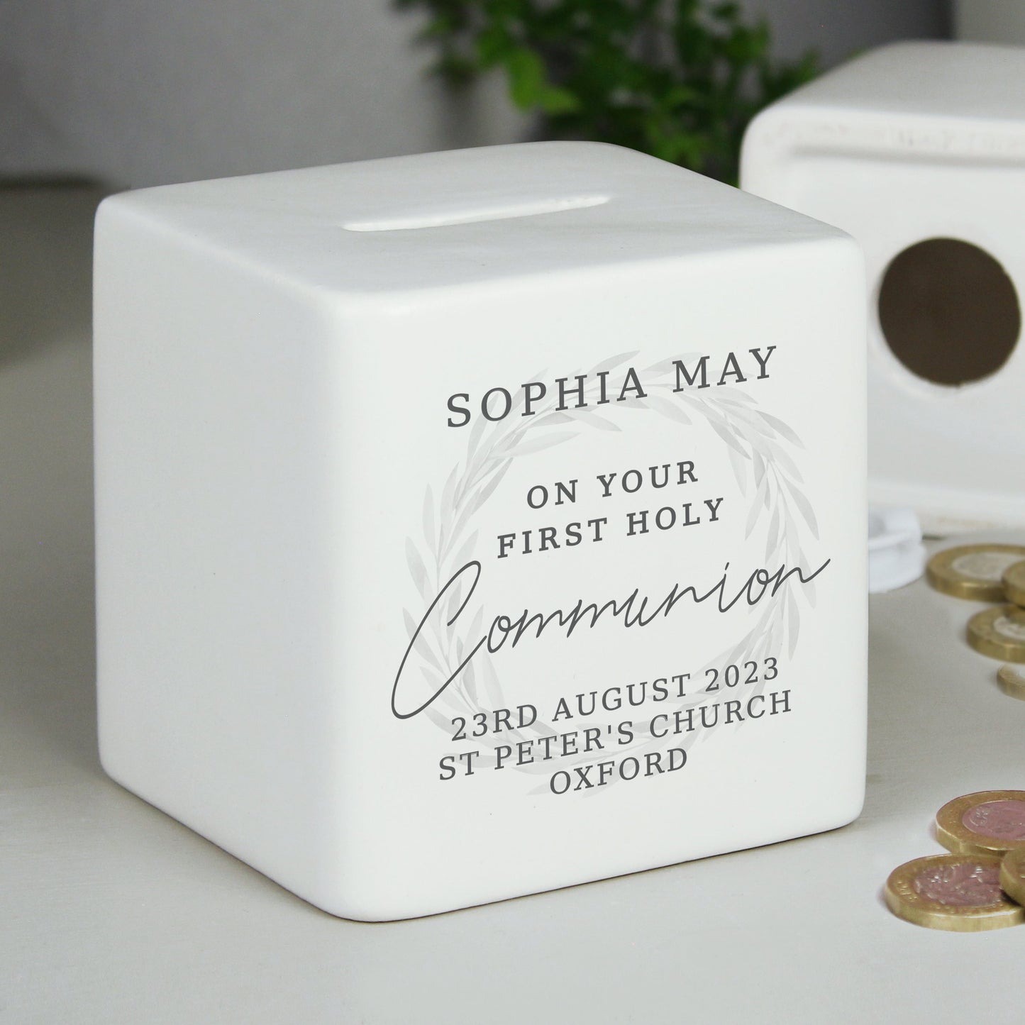 Personalised First Holy Communion Ceramic Square Money Box: 1 - Money Boxes By Gift Moments
