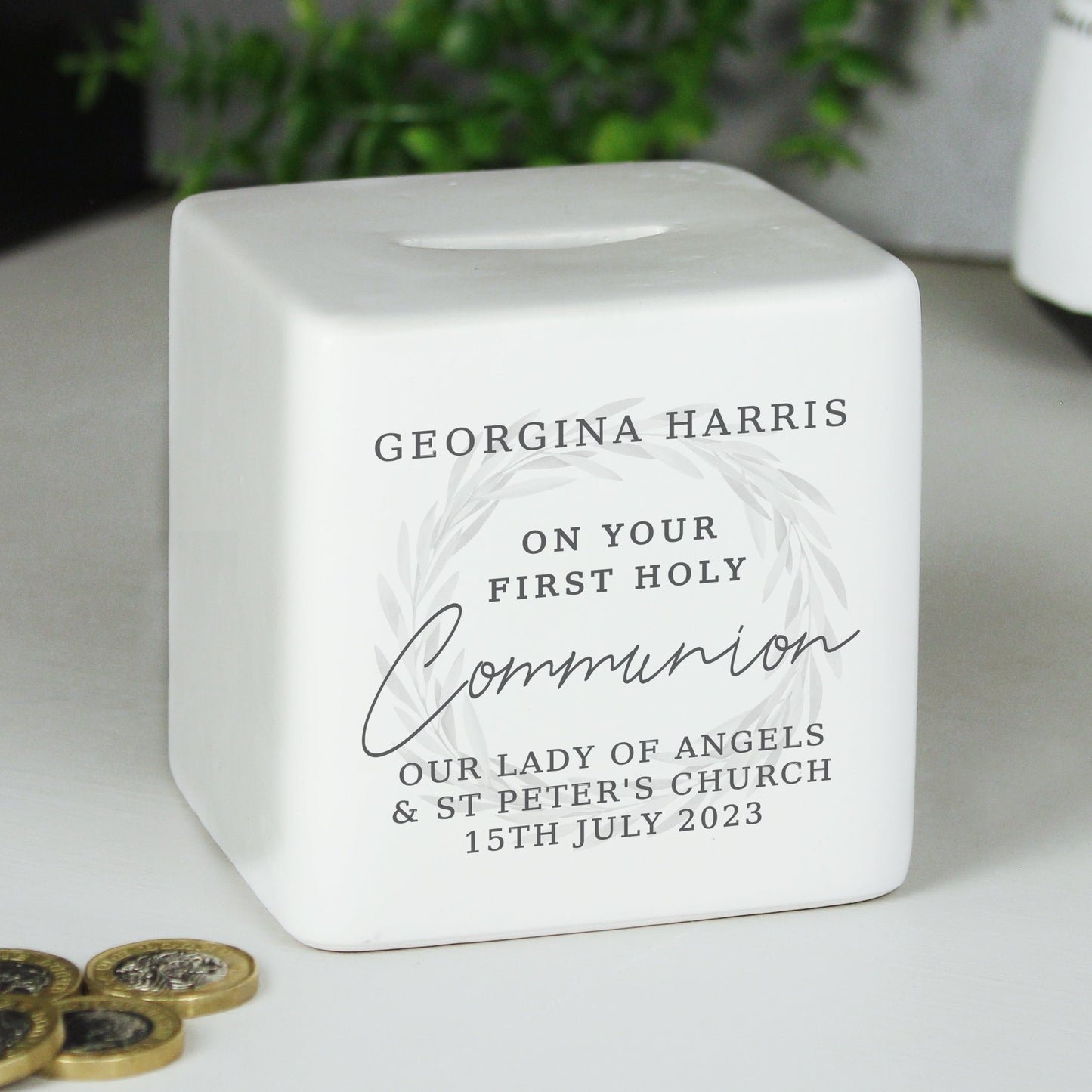 Personalised First Holy Communion Ceramic Square Money Box: 3 - Money Boxes By Gift Moments