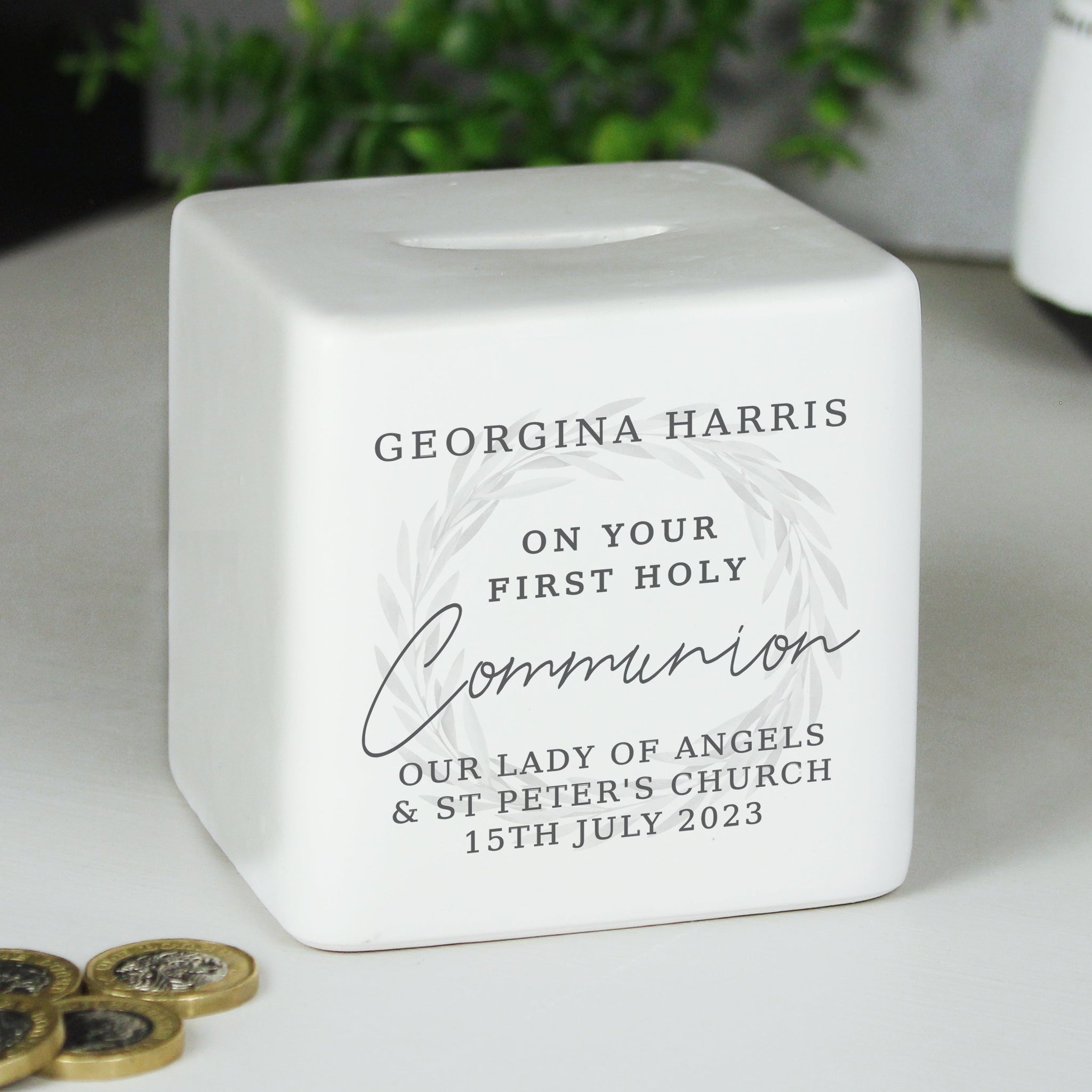 Personalised First Holy Communion Ceramic Square Money Box: 3 - Money Boxes By Gift Moments