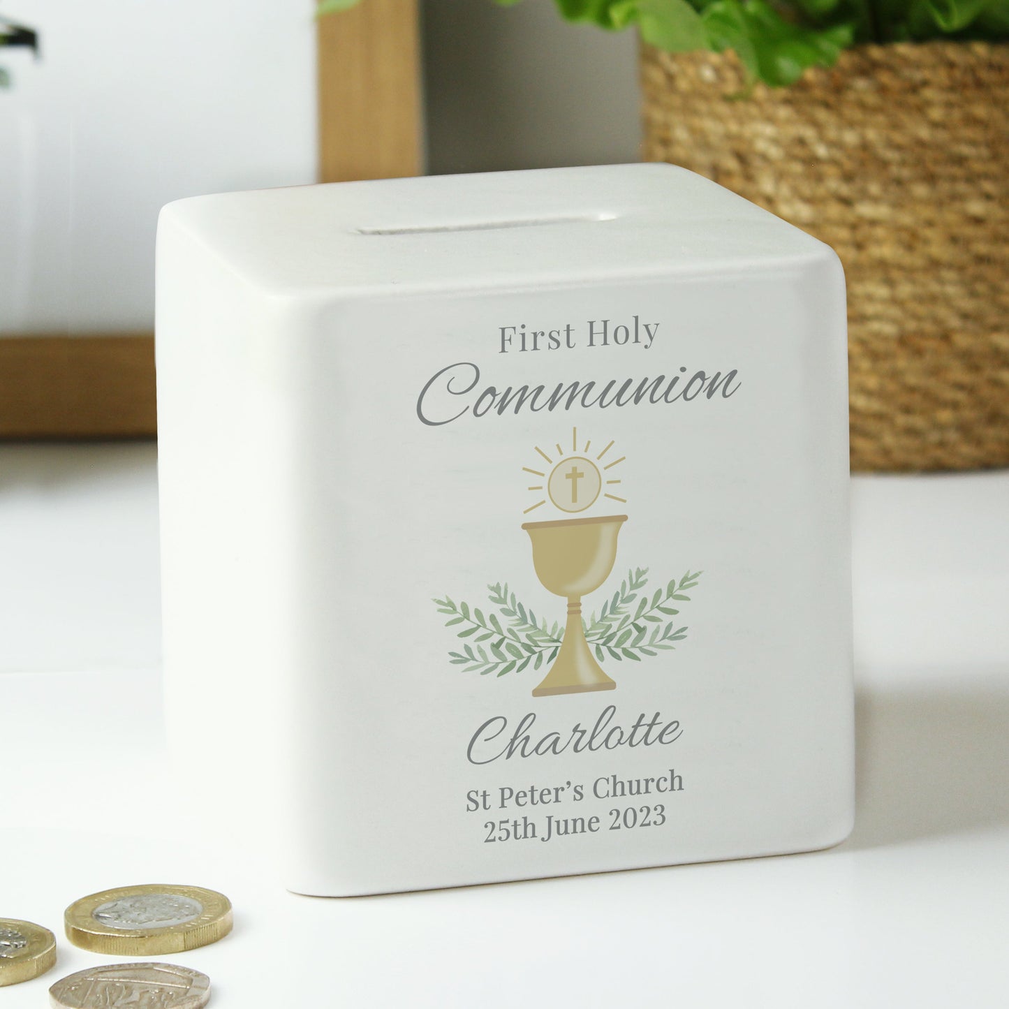 Personalised First Holy Communion Ceramic Square Money Box: 1 - Money Boxes By Gift Moments