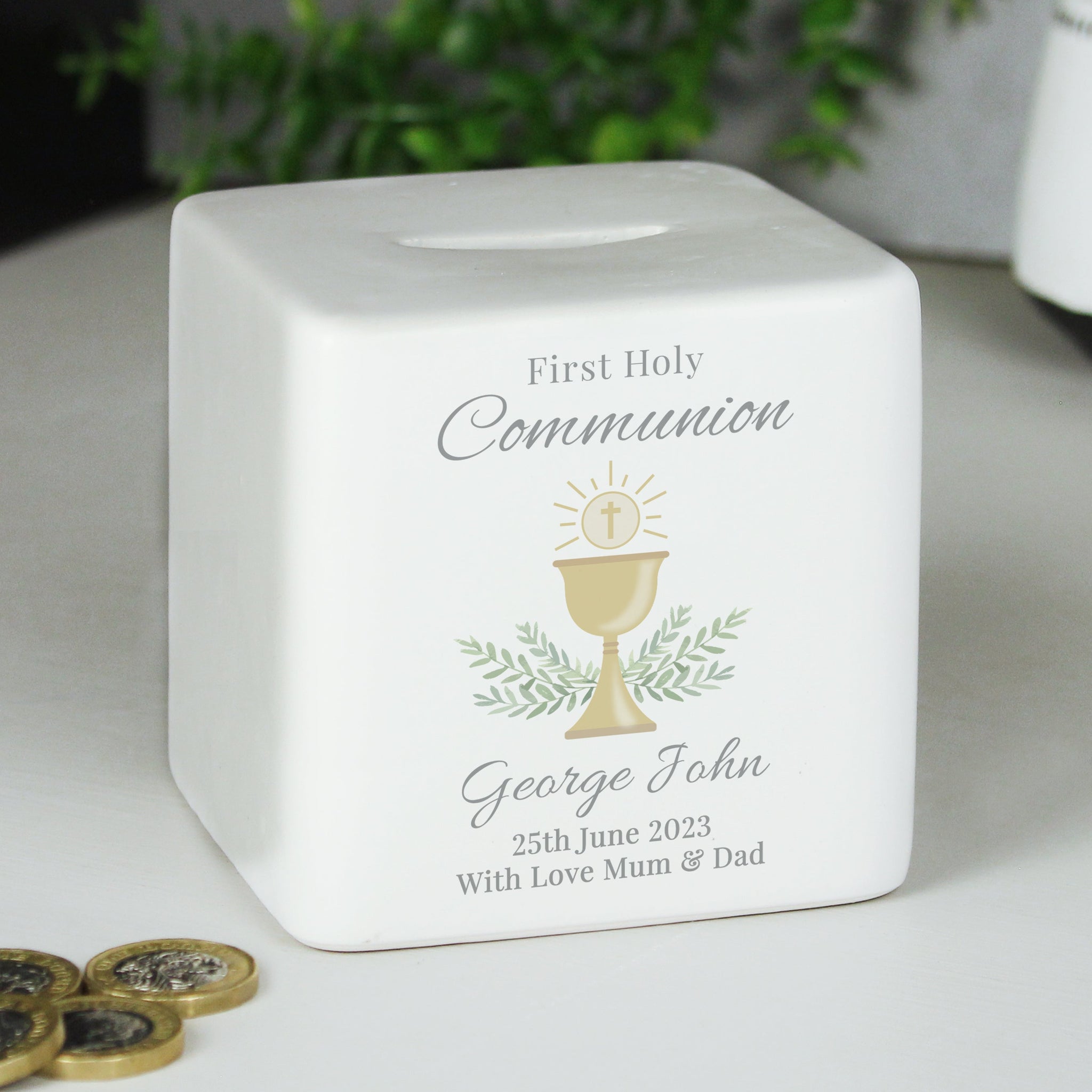 Personalised First Holy Communion Ceramic Square Money Box: 3 - Money Boxes By Gift Moments