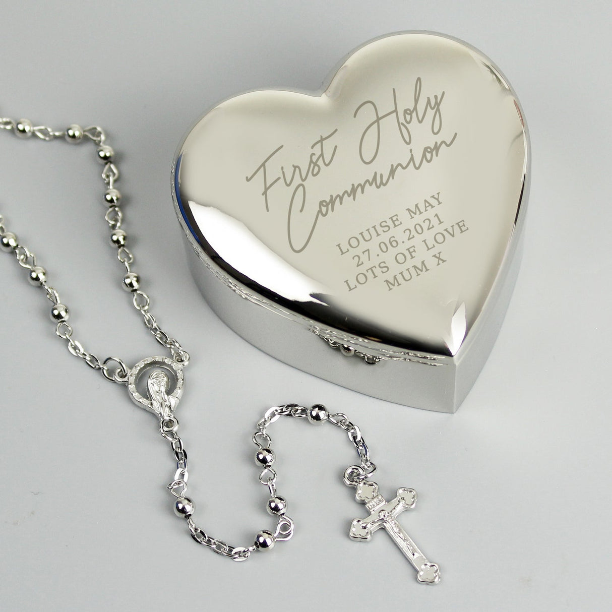 Personalised First Holy Communion Rosary Beads and Cross Heart Trinket Box: 1 - Trinket Boxes By Gift Moments