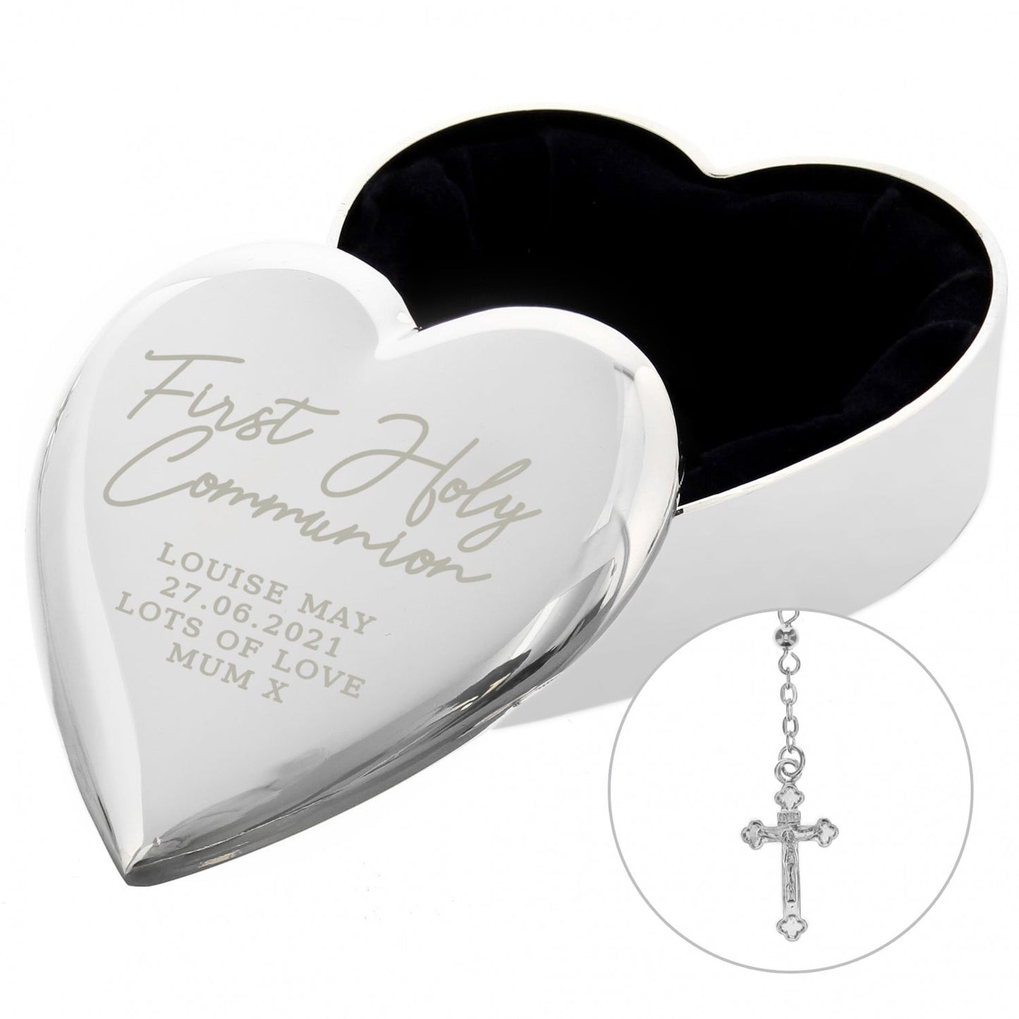 Personalised First Holy Communion Rosary Beads and Cross Heart Trinket Box: 3 - Trinket Boxes By Gift Moments