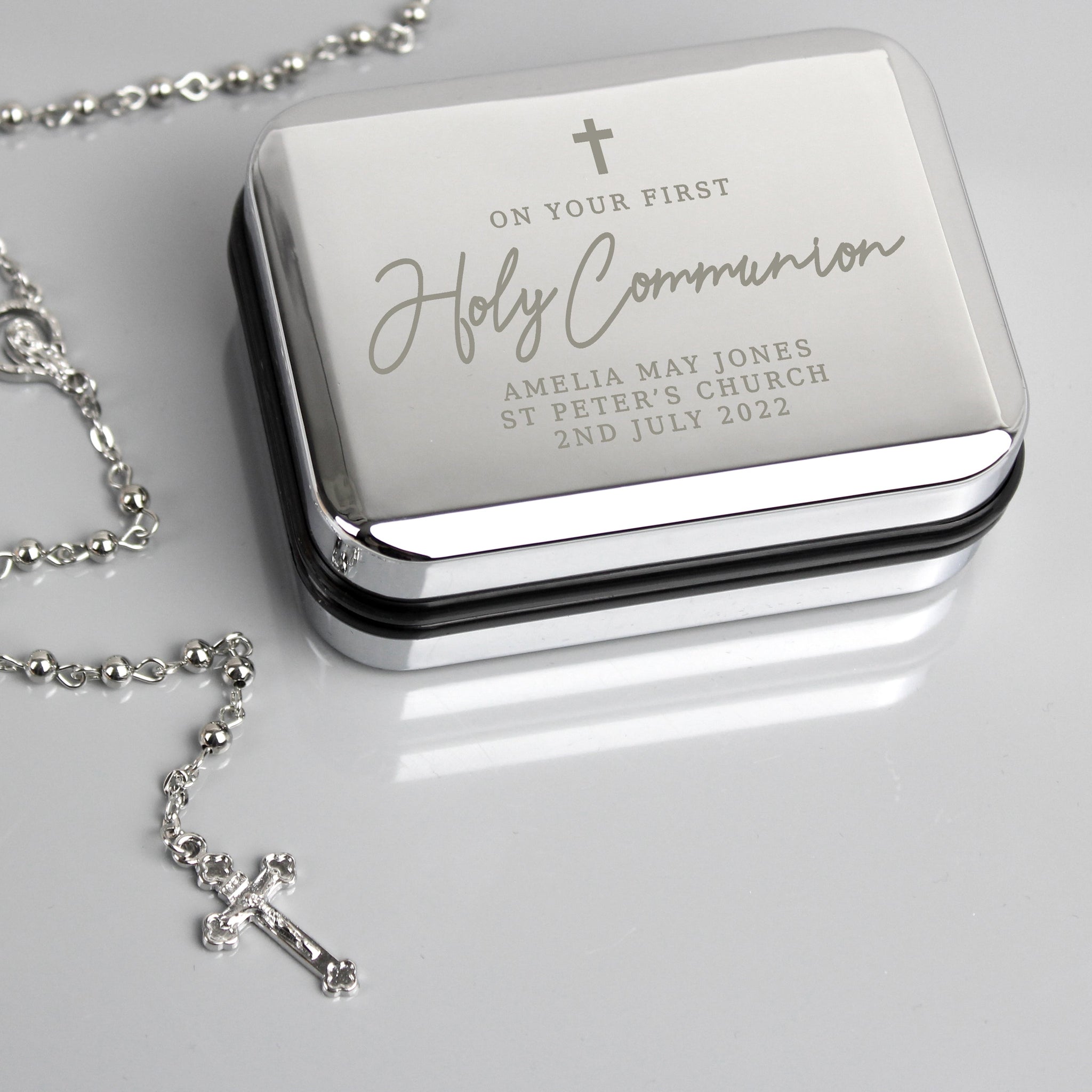 Personalised First Holy Communion Rosary Beads and Cross Trinket Box: 1 - Necklaces By Gift Moments