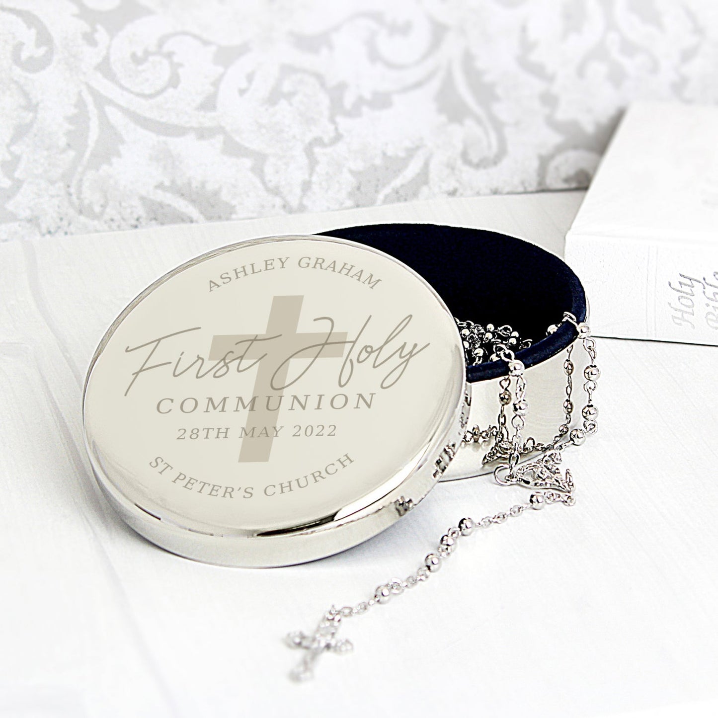 Personalised First Holy Communion Round Trinket Box & Rosary Beads Set: 1 - Trinket Boxes By Gift Moments