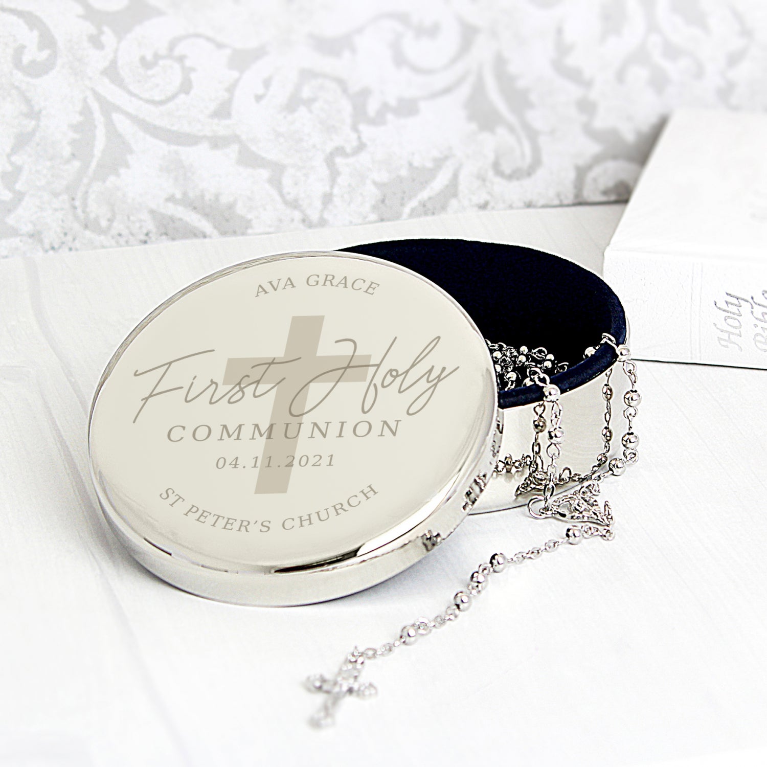 Personalised First Holy Communion Round Trinket Box & Rosary Beads Set: 2 - Trinket Boxes By Gift Moments