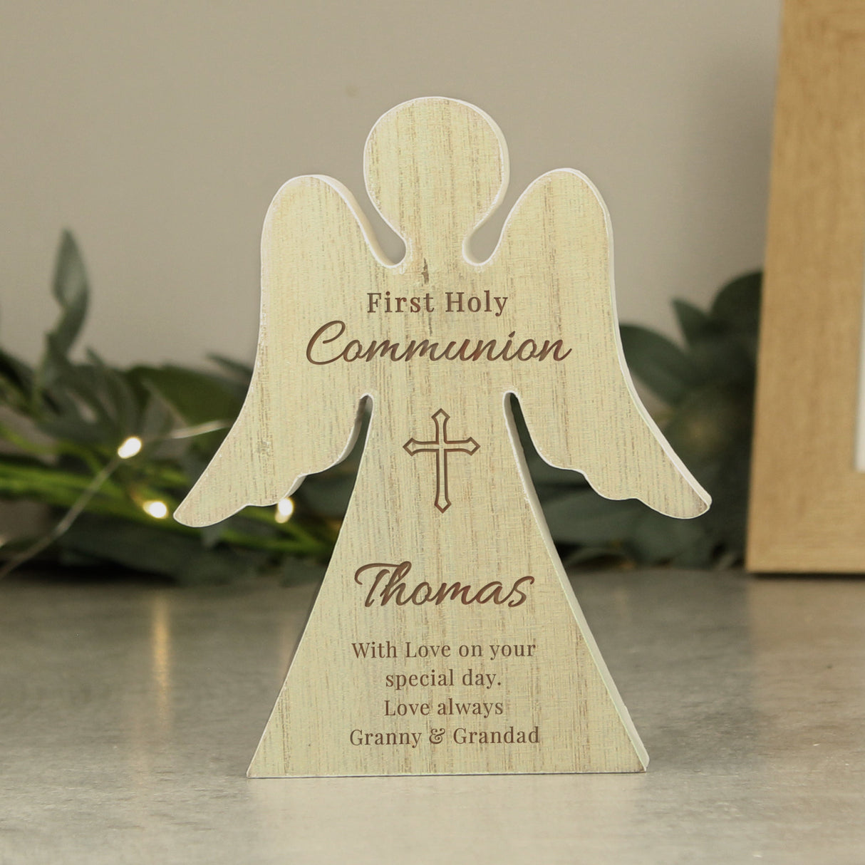 Personalised First Holy Communion Rustic Wooden Angel Decoration: 4 - Ornaments By Gift Moments