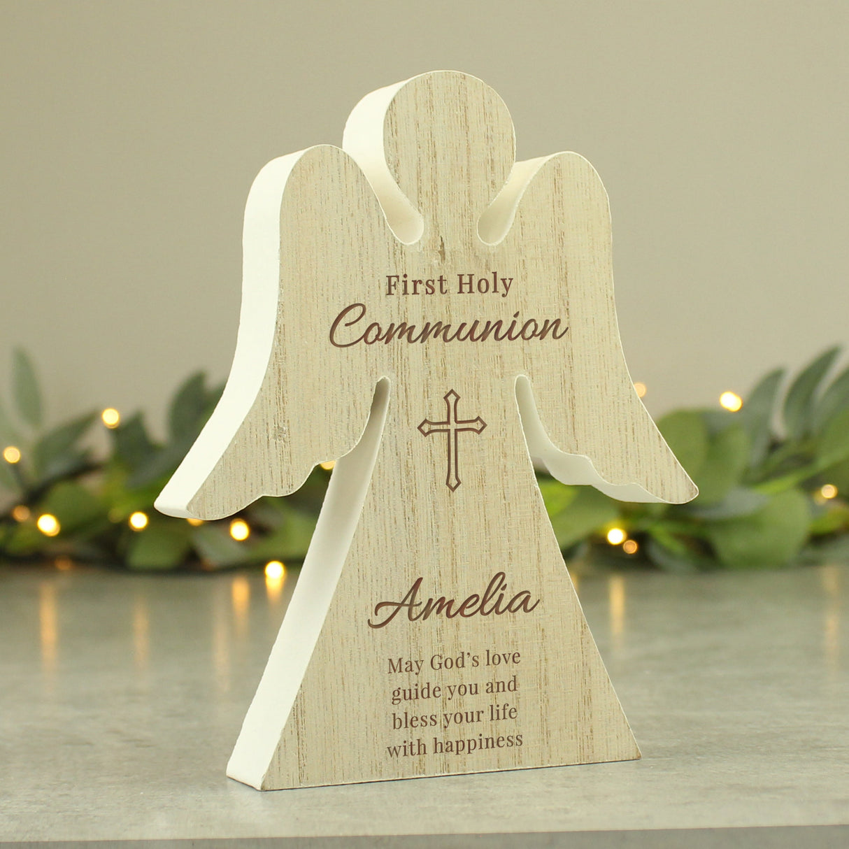 Personalised First Holy Communion Rustic Wooden Angel Decoration: 1 - Ornaments By Gift Moments