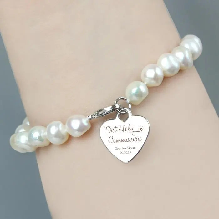 Personalised First Holy Communion Swirls & Hearts White Freshwater Pearl Bracelet: 2 - Bracelets By Gift Moments