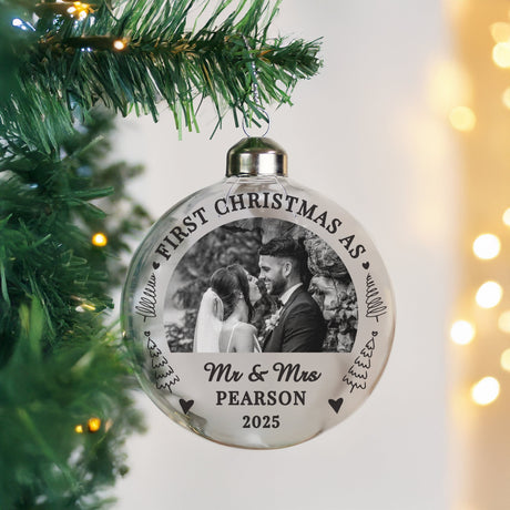 Personalised First Married Christmas Photo Glass Bauble: 1 - Christmas Baubles By Gift Moments