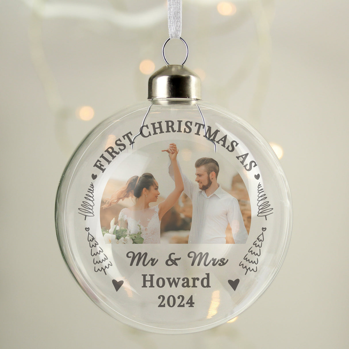 Personalised First Married Christmas Photo Glass Bauble: 2 - Christmas Baubles By Gift Moments