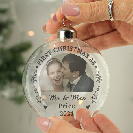 Personalised First Married Christmas Photo Glass Bauble: 1 - Christmas Baubles By Gift Moments