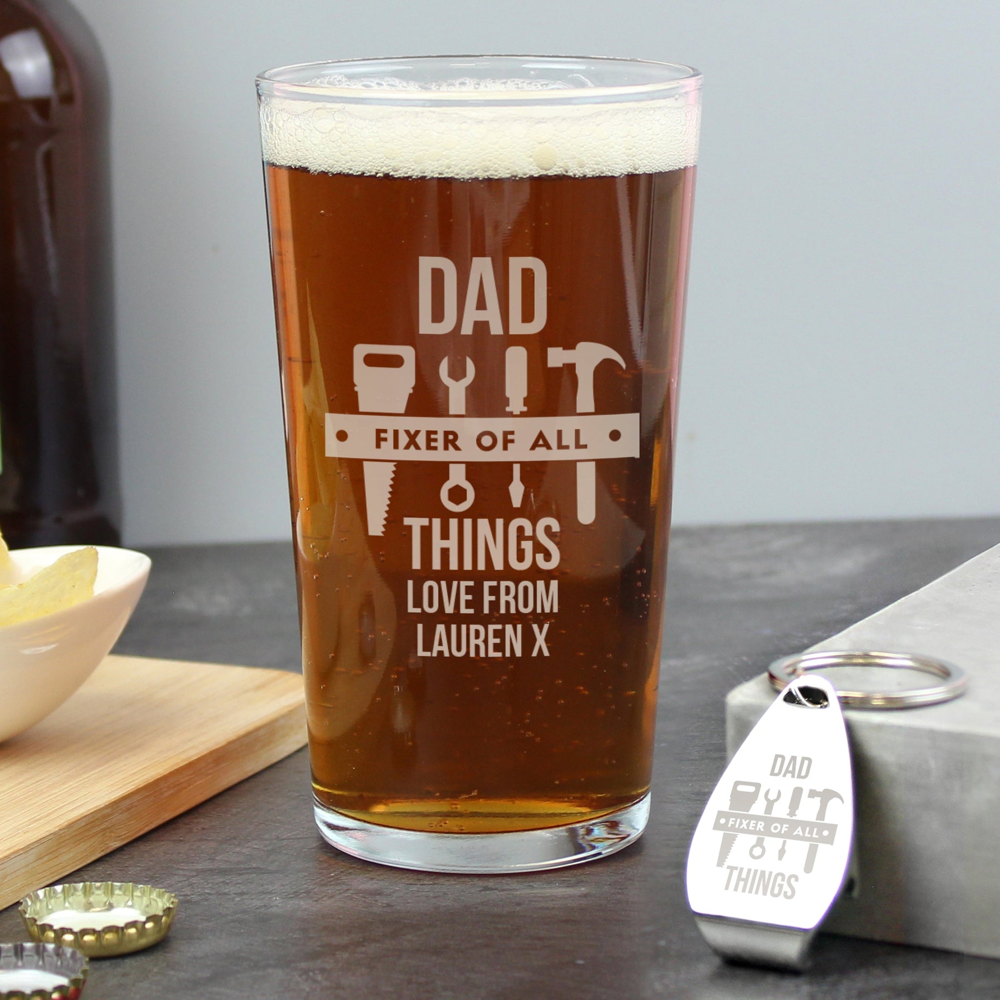 Personalised Fixer of All Things Pint Glass & Bottle Opener: 1 - Beer Glasses By Gift Moments