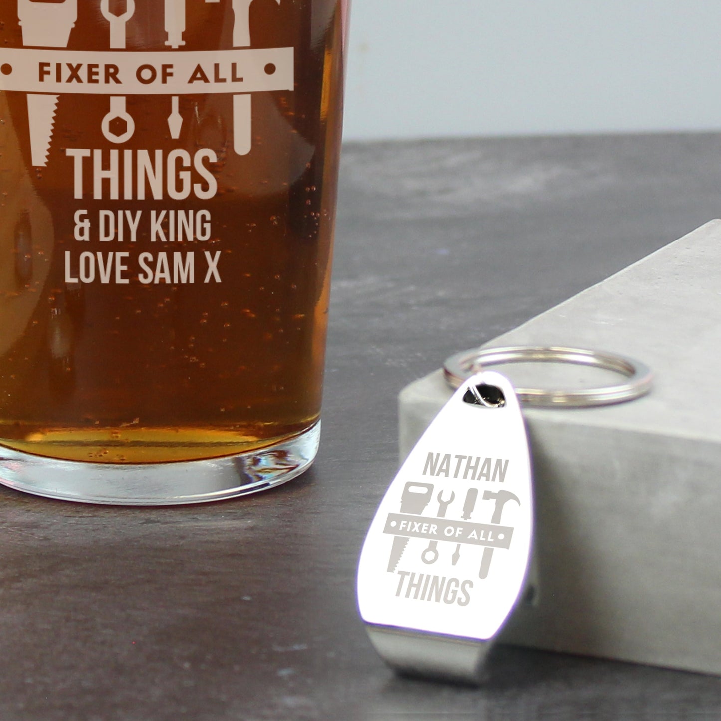 Personalised Fixer of All Things Pint Glass & Bottle Opener: 4 - Beer Glasses By Gift Moments