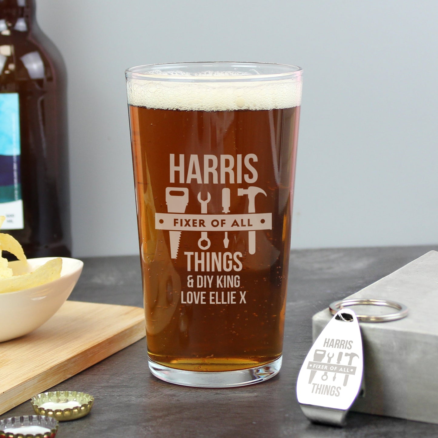 Personalised Fixer of All Things Pint Glass & Bottle Opener: 3 - Beer Glasses By Gift Moments