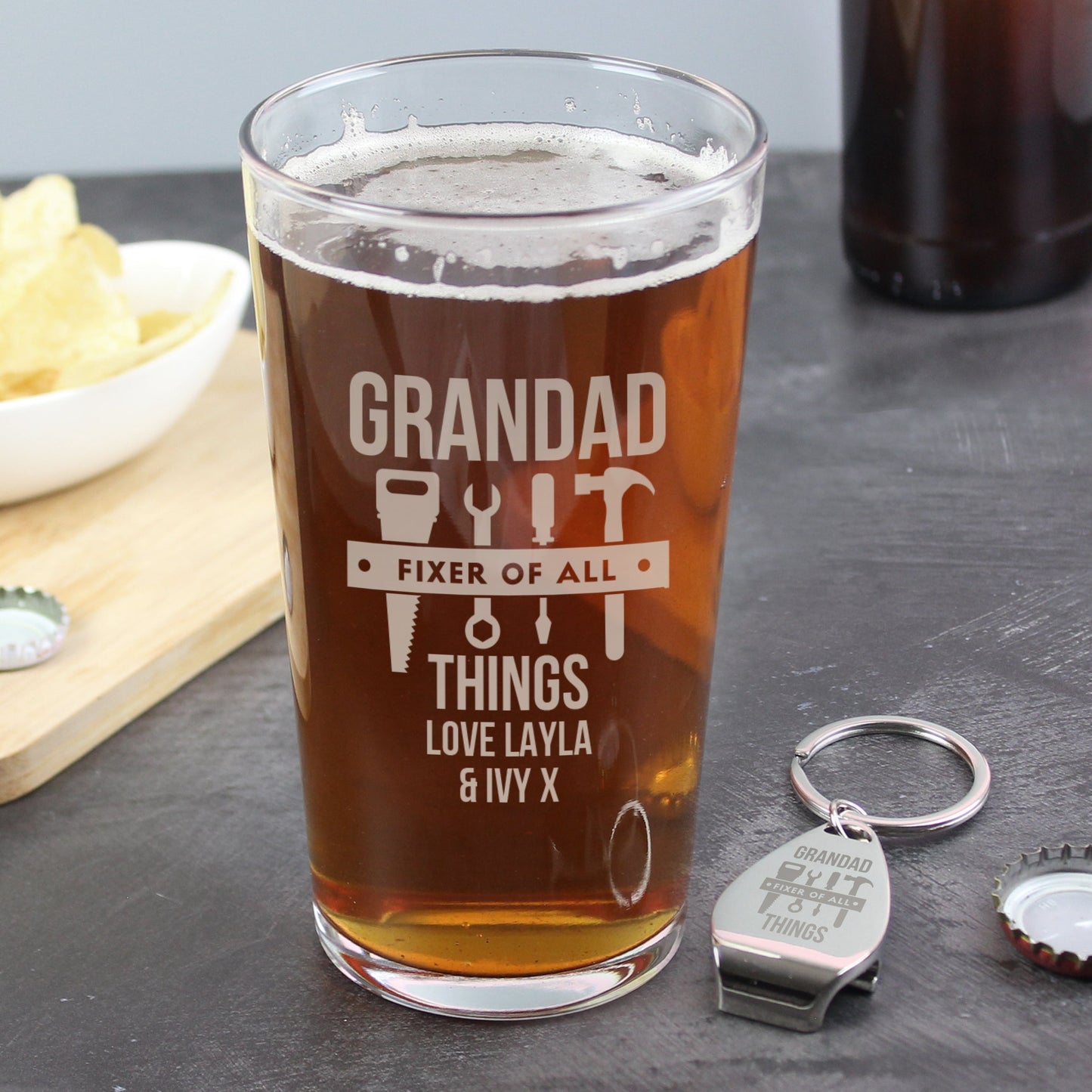 Personalised Fixer of All Things Pint Glass & Bottle Opener: 2 - Beer Glasses By Gift Moments